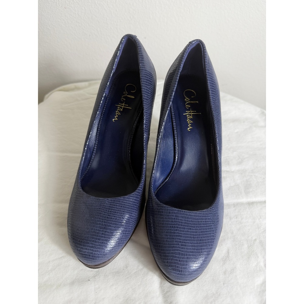 Cole Haan Navy Blue Lizard Embossed Leather Wedge Pumps Round Toe 6.5B